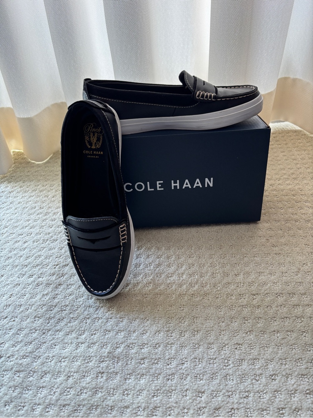 Cole Haan Black Leather Slip-On Penny Loafers with White Sole